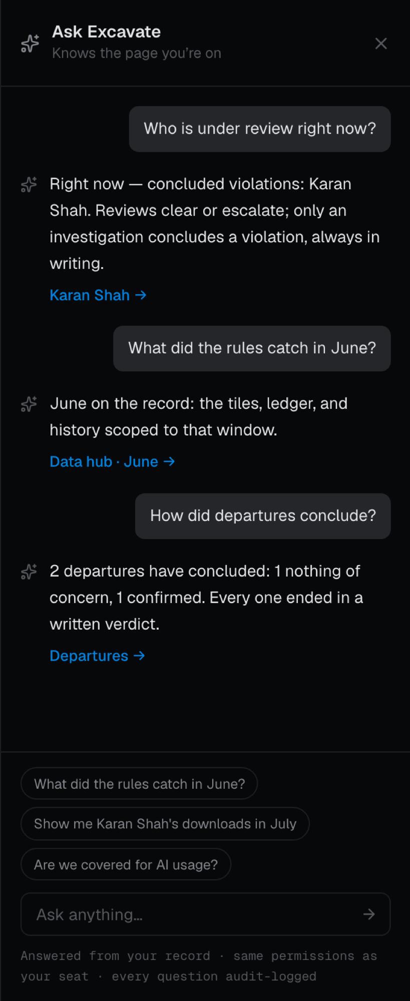 The Ask Excavate conversation: a question about departures answered with a link to the data.