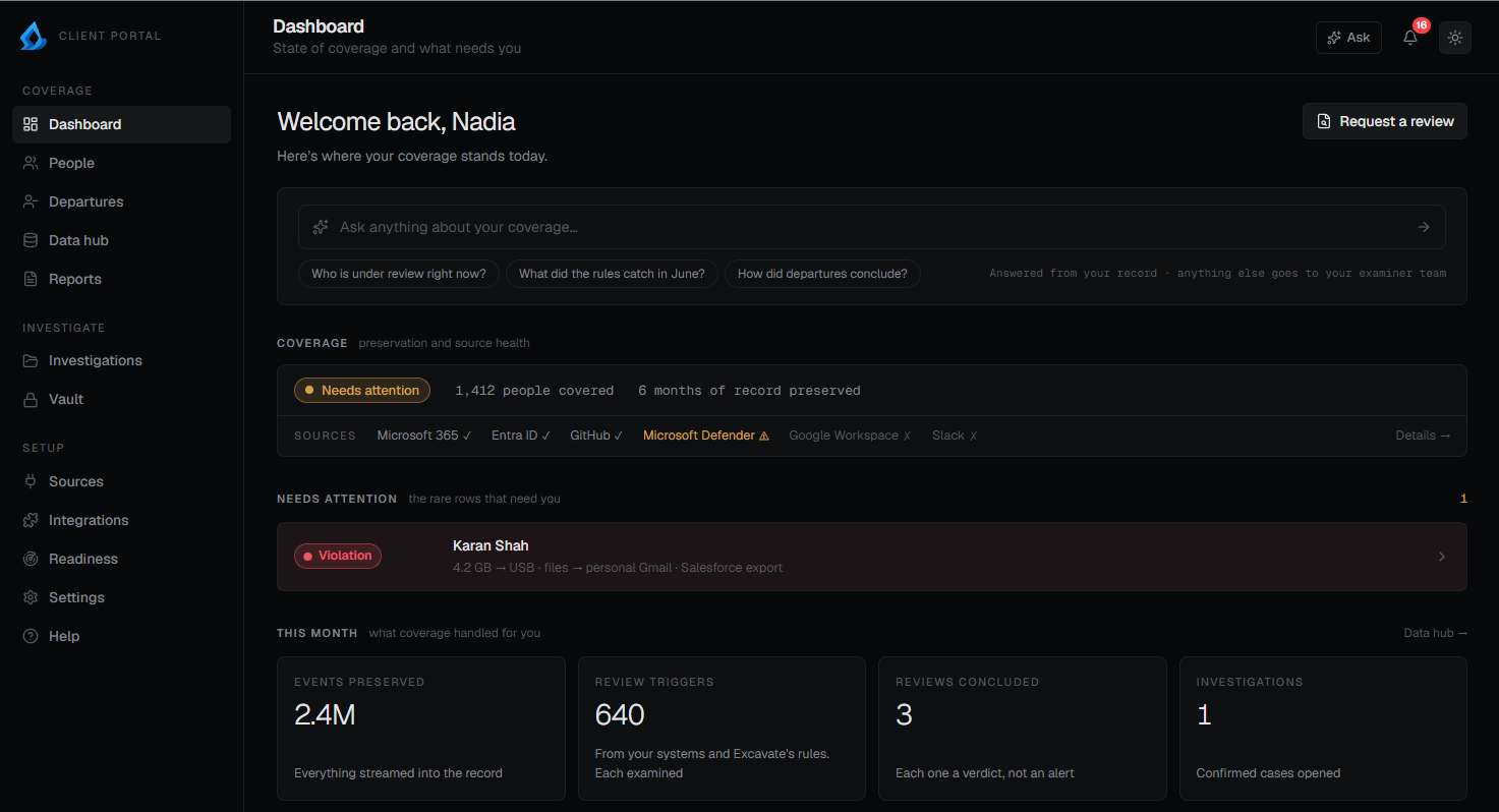 The Excavate dashboard